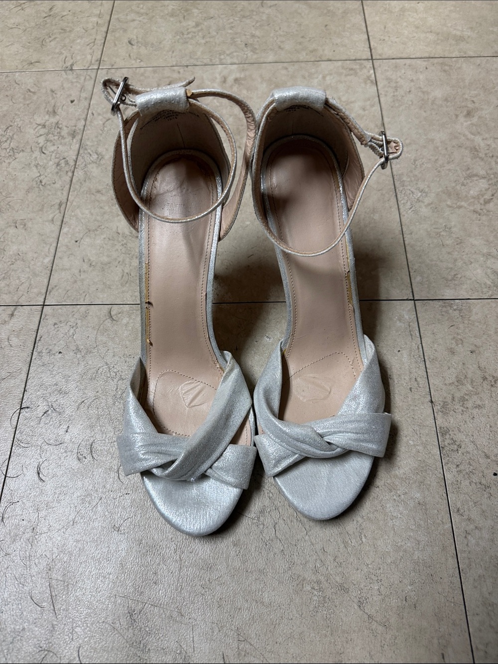 Metallic Silver Ankle-Strap Knot Front Sandals - Women